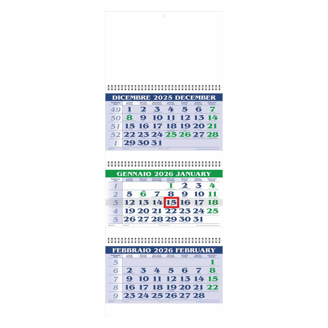 F004 Calendario Trittico in carta naturale. Trimestrale 12 fogli